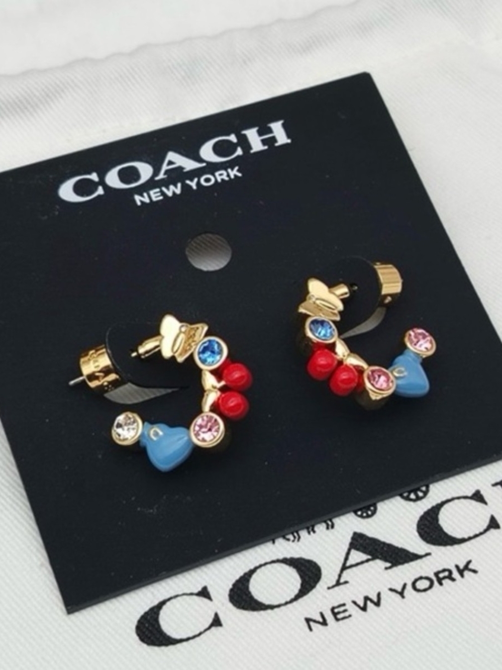 Coach Gold-Tone Hoop Earrings with Red, Blue & Pink Accents